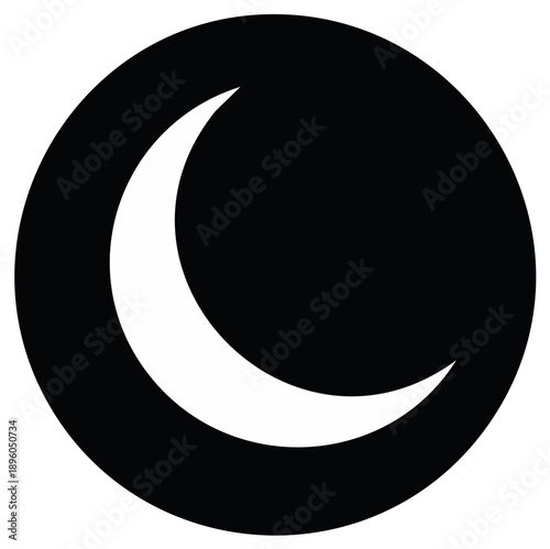 Minimalist white crescent moon icon in a black circular frame, symbolizing night, sleep, and celestial wonder