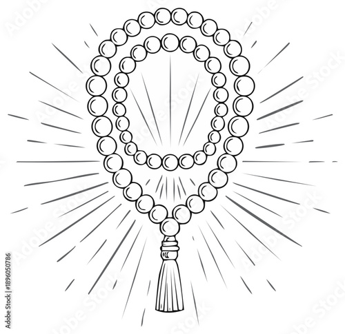 Hand-drawn Prayer Beads With Ray Burst Pattern, a Spiritual Rosary Illustration Featuring a Tassel Accent and Light Rays