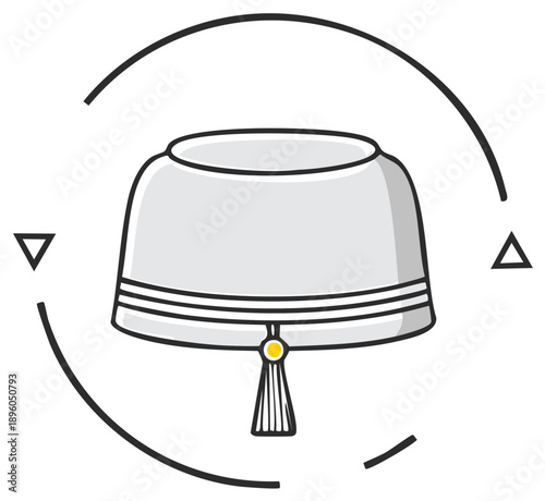 Modern vector icon of a traditional grey fez hat with a tassel. Minimalist line art graphic illustration
