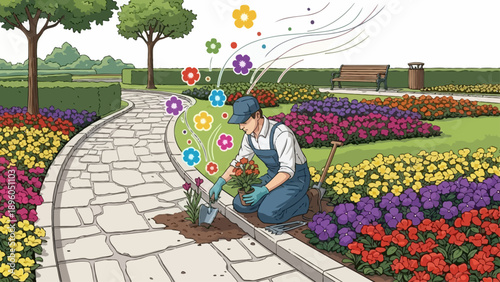 Gardener Planting Colorful Flowers in a Vibrant Park Landscape