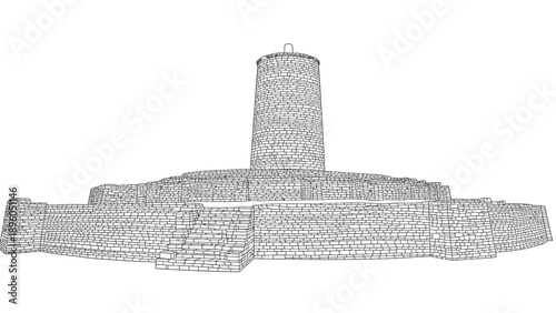 Ancient stone tower with tiered base in line art.