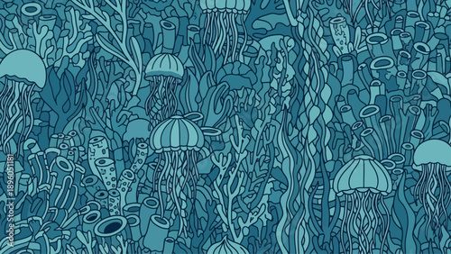 Abstract marine pattern with jellyfish and coral