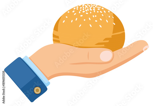 Hand holding a sesame seed bun, representing food and service