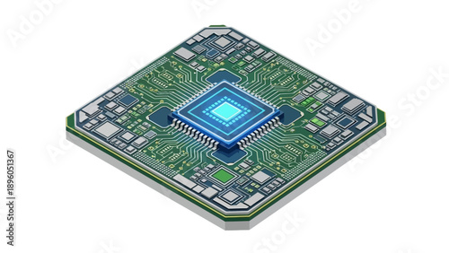 Close up of a complex microprocessor on a green circuit board