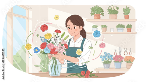A happy young woman creating a beautiful flower arrangement in a bright room.