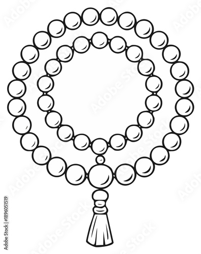 Line art illustration of mala prayer beads with tassel, spiritual and meditative accessory