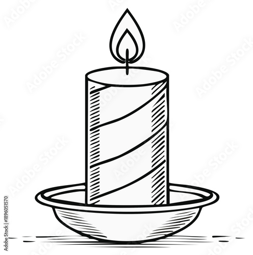 Burning candle in holder, sketch illustration. Holiday, celebration, or decoration concept.