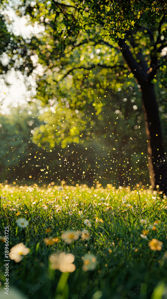 Obraz premium Sunlight filters through trees, illuminating a field of flowers in a serene natural setting during a warm afternoon