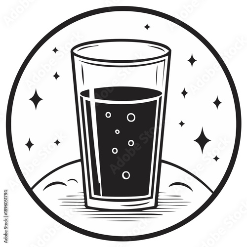Tall glass of sparkling drink with bubbles and stars in a circle