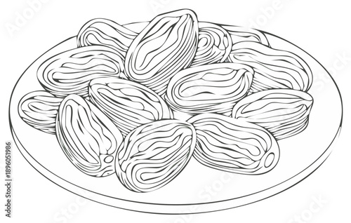 Line Art Plate of Dates Fresh Healthy Dried Fruits Traditional Middle Eastern and North African Cuisine Still Life Black and White