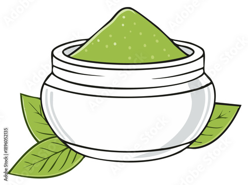 Vector illustration of matcha green tea powder in a white ceramic bowl with leaves