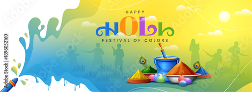happy holi festival cover banner creative illustration with pichkari, color splash, gulal powder etc