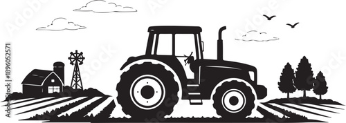 Farm Tractor Silhouette on Farmland Side View Vector