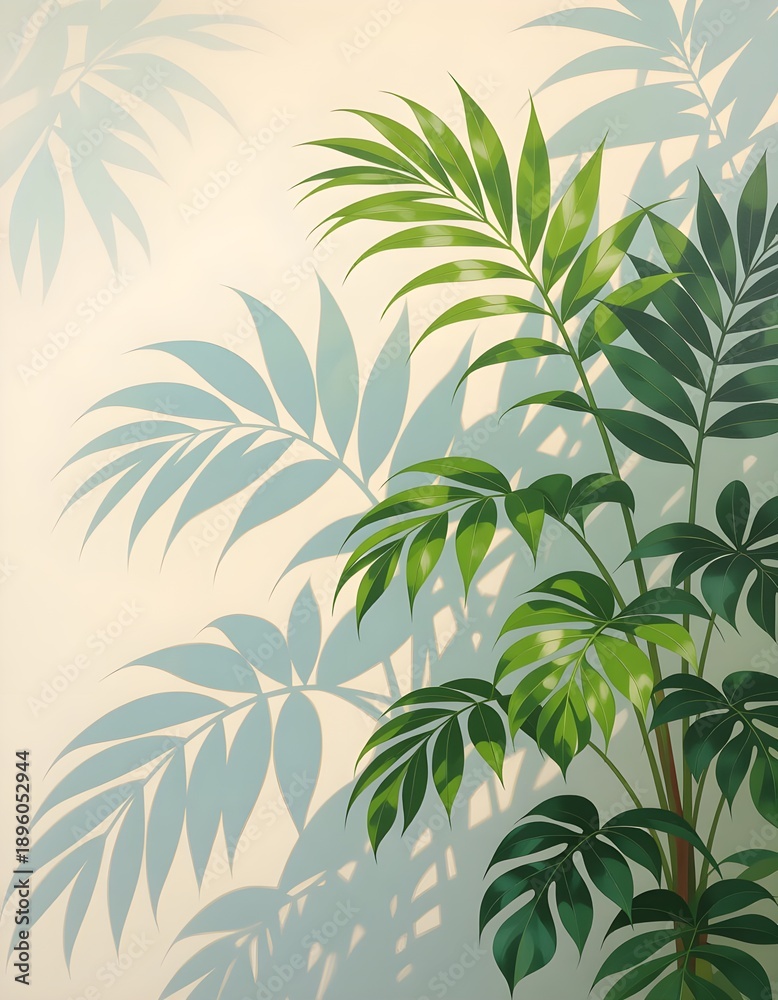 Obraz premium Botanical Leaf Shadows on Light Wall Oil Art