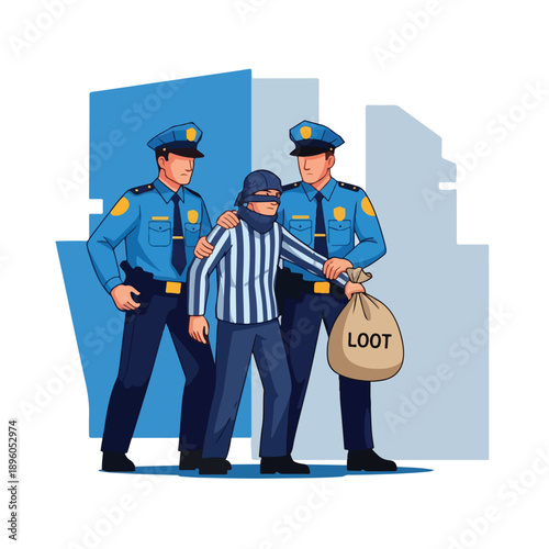 Police Arresting Thief with Loot Bag. Law Enforcement and Crime Justice Concept.