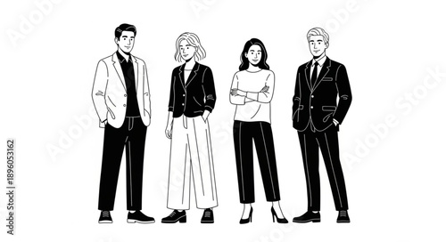 Diverse group of people standing together in casual and formal attire.