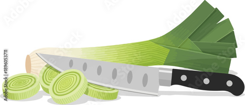 Knife slices fresh leek, revealing circular green and white layers