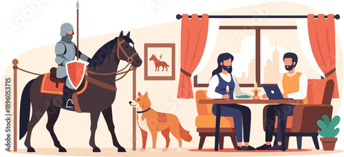 Knight, dog, and couple at a table with a laptop, enjoying a modern indoor scene