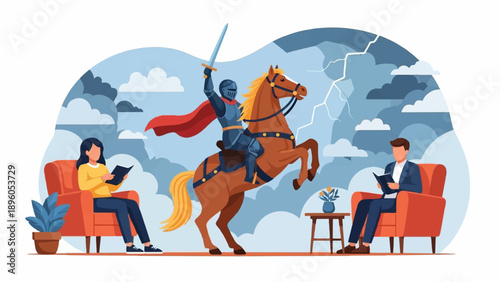 Knight on horseback rides through storm while people read