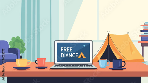 Laptop displays "FREEDANCE" next to a tent, symbolizing remote work lifestyle