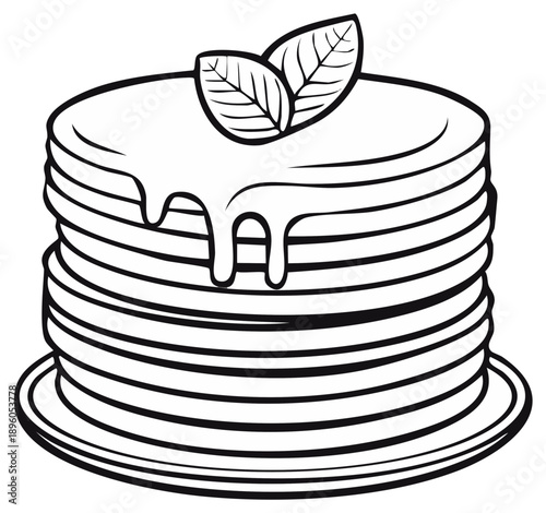 Stack of Pancakes with Syrup and Mint Leaves, Monochrome Illustration