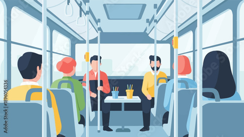 Passengers inside a public transit bus, seated and traveling