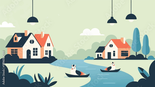 Peaceful riverside scene with charming houses, boats, and stylized nature elements