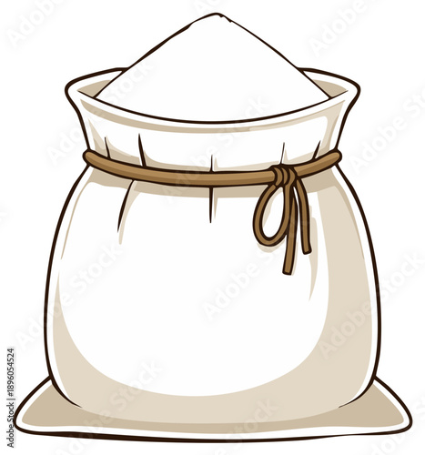 Full white cloth sack overflowing with flour or sugar powder tied with a brown rope in cartoon style