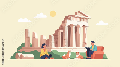 People and dogs relaxing near ancient ruins under a gentle sun
