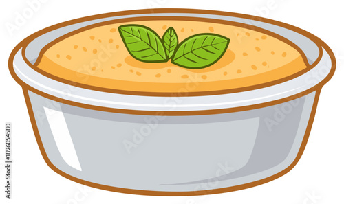 Savory puree in a bowl topped with fresh basil leaves, isolated on white.