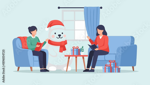 People and stuffed polar bear in cozy room with gifts, Christmas theme