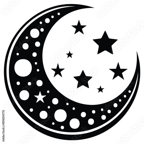 Black and white crescent moon with stars shines bright in the night sky astrological celestial vector illustration graphic
