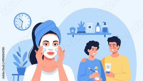 People applying skincare products while others hold beauty items