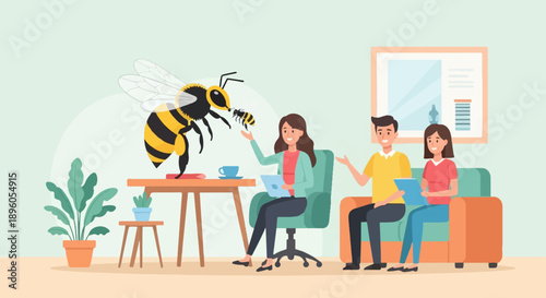 People in office interacting with a giant bee and a small bee