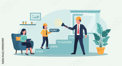 People climbing stairs toward success guided by a light and pointer