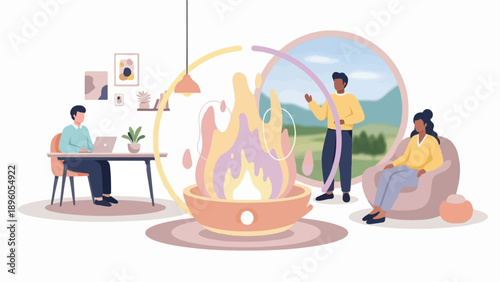 People gather around a stylized campfire while one person works remotely
