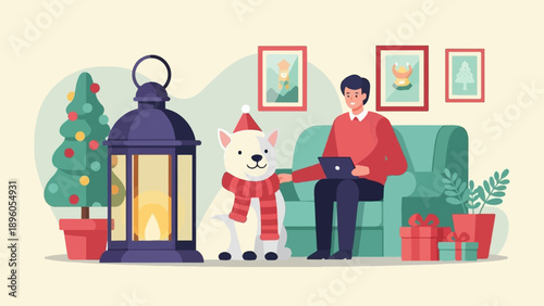 Man and dog celebrate winter holidays by fireplace with gifts