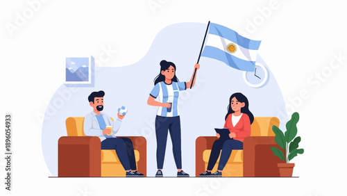 People cheering with a flag and football on a couch