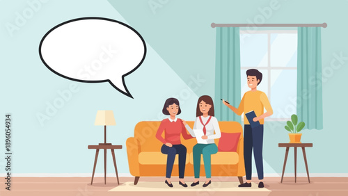 People in room with speech bubble, sofa, window, and plants