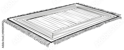 Geometric rug with detailed fringe graphic in grayscale illustration, top view