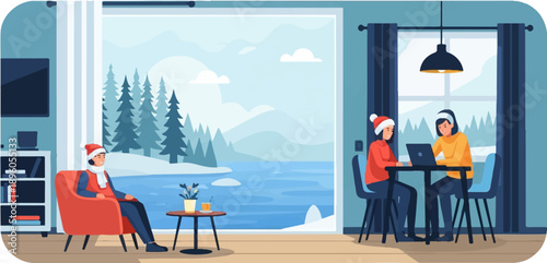 People inside cozy room enjoying winter landscape and working on laptops