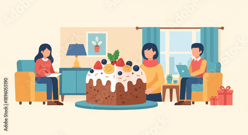 People gathered in a cozy room around a festive cake with gifts nearby