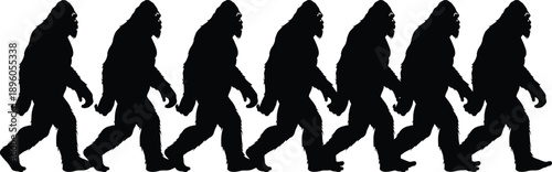 Bigfoot silhouette, walking Sasquatch icons, cryptid figure, folklore creature, black vector design, mysterious humanoid, repeated graphic, forest legend, hairy beast, mythical icon,