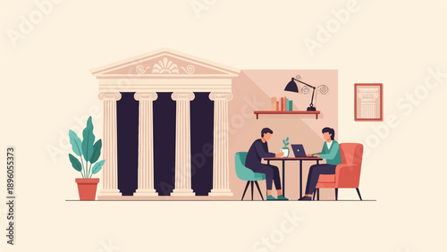 People collaborating at tables beside classical architecture and a potted plant