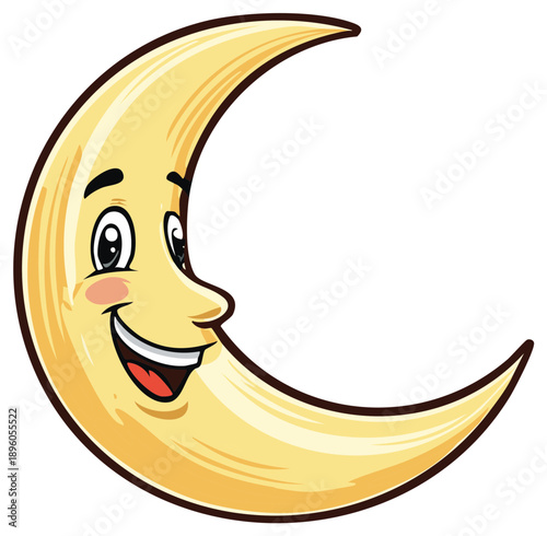 Smiling Cartoon Crescent Moon Character with Face, Isolated Image