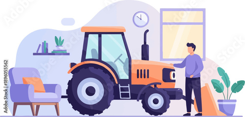 Man and tractor by window with armchair and plants