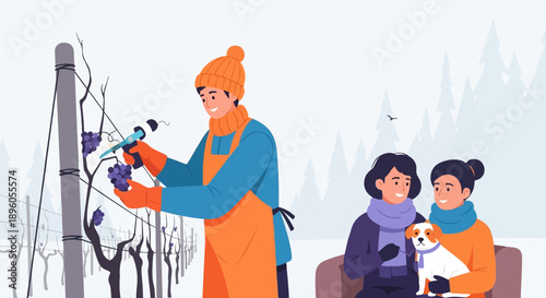 People harvest grapes in a snowy vineyard with a dog and couple nearby