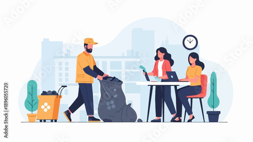 Man collecting trash bag near women working on laptops in modern office