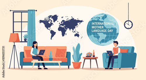 People learning online with a globe and world map background