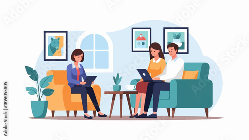 People in a living room looking at digital devices